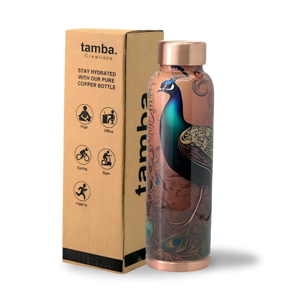 Peacock Design Pure Copper Water Bottle – 900ml | Tamba Creations