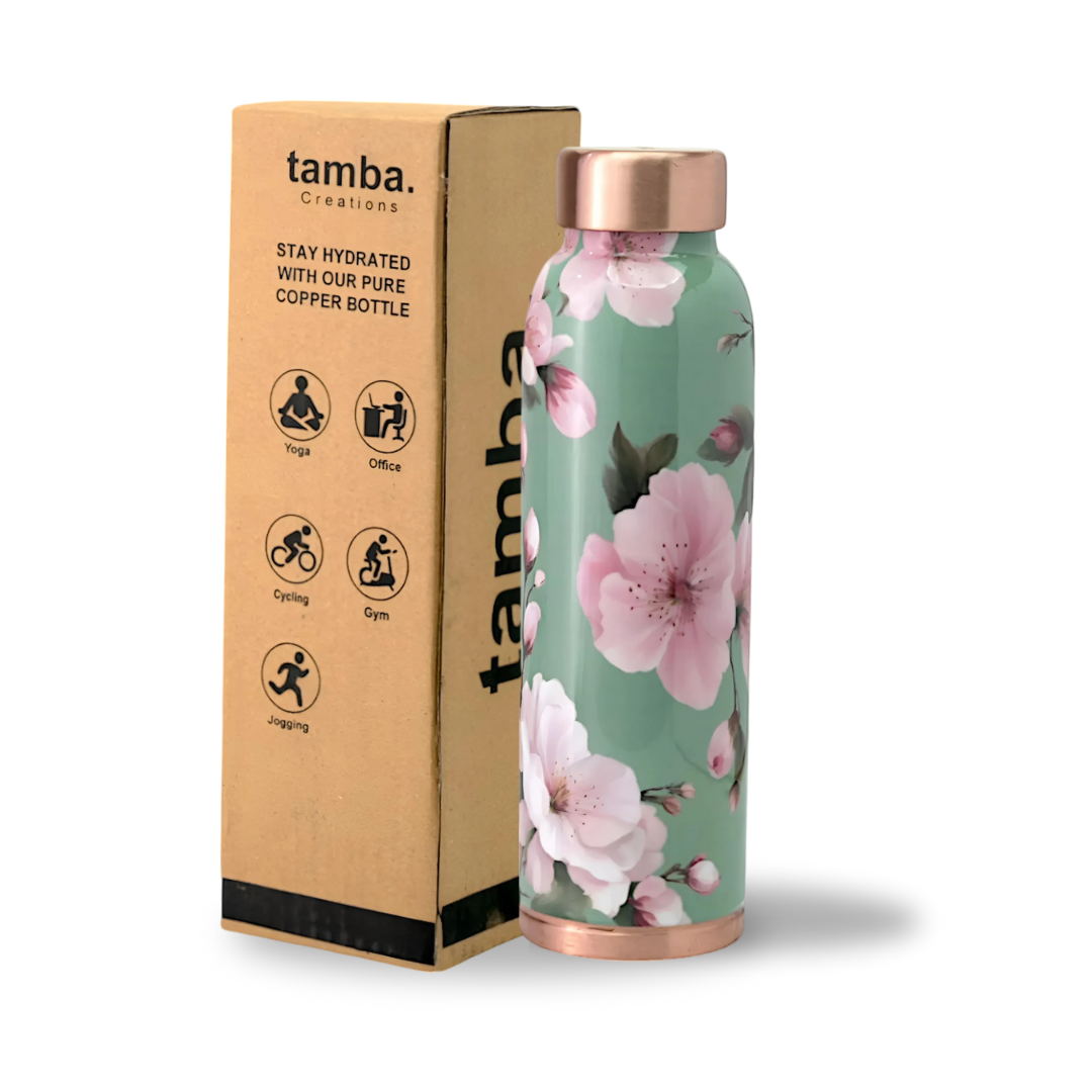Mint Floral Design Pure Copper Water Bottle – 900ml | Tamba Creations