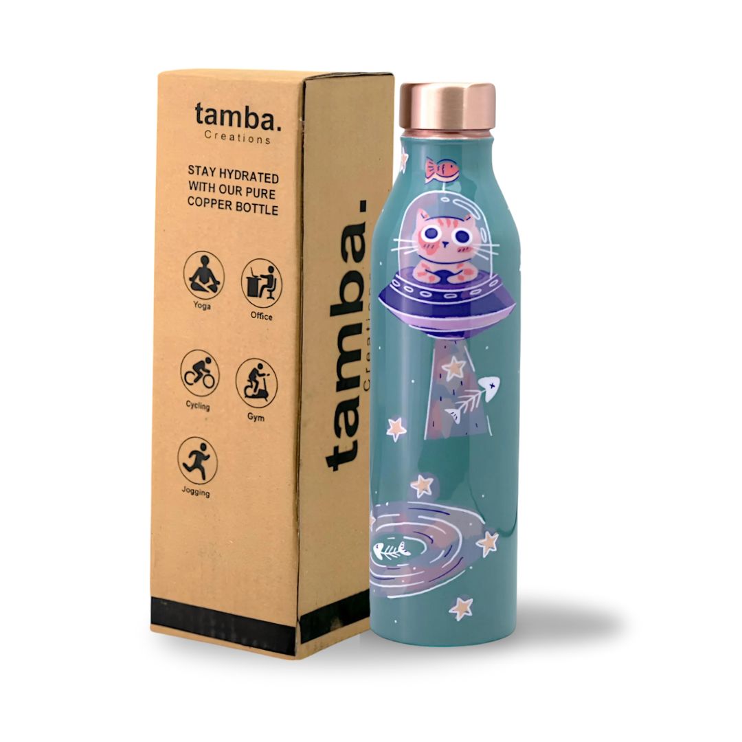 š Space Cat Design ā Pure Copper Water Bottle (1 Litre, Leak-Proof)