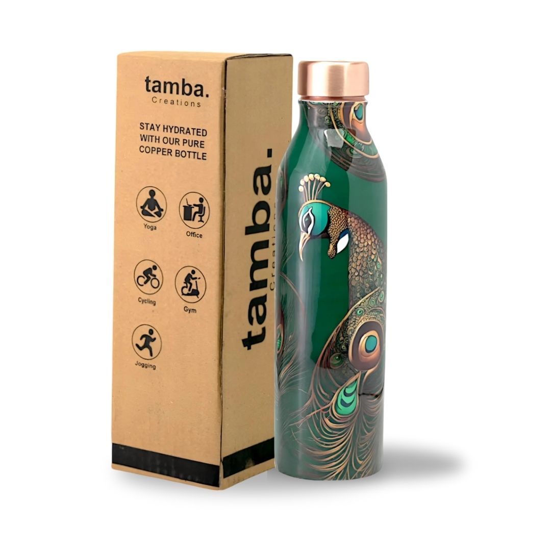 Peacock Design Pure Copper Water Bottle – 1 Litre | Tamba Creations