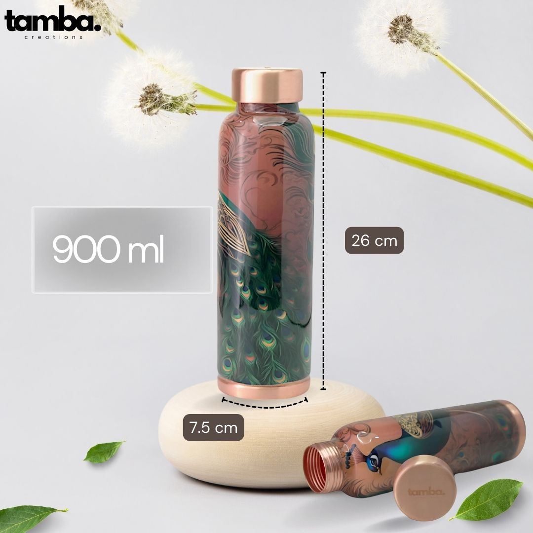 Peacock Design Pure Copper Water Bottle – 900ml | Tamba Creations