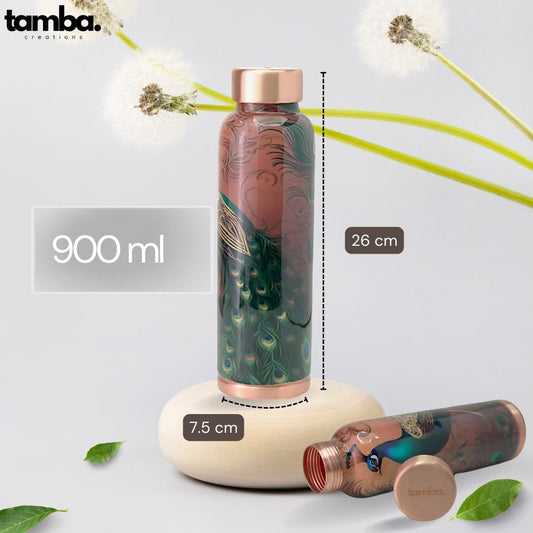 Peacock Design Pure Copper Water Bottle β 900ml | Tamba Creations