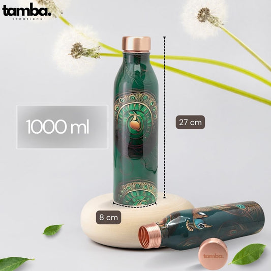 Peacock Design Pure Copper Water Bottle β 1 Litre | Tamba Creations