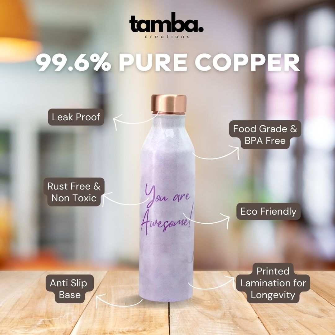 “You Are Awesome” Design Pure Copper Water Bottle – 1 Litre | Purple Variants | Tamba Creations