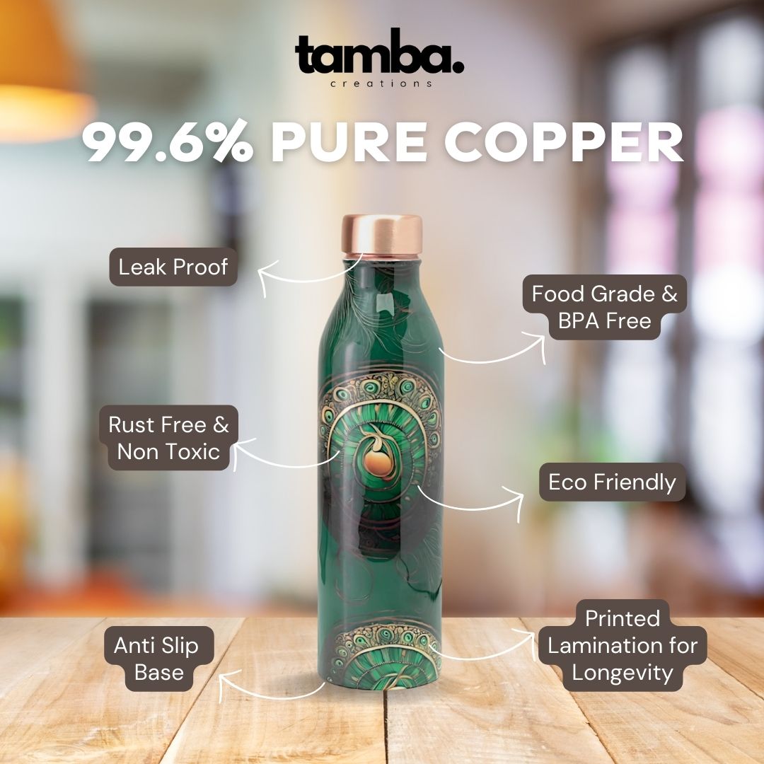 Peacock Design Pure Copper Water Bottle – 1 Litre | Tamba Creations
