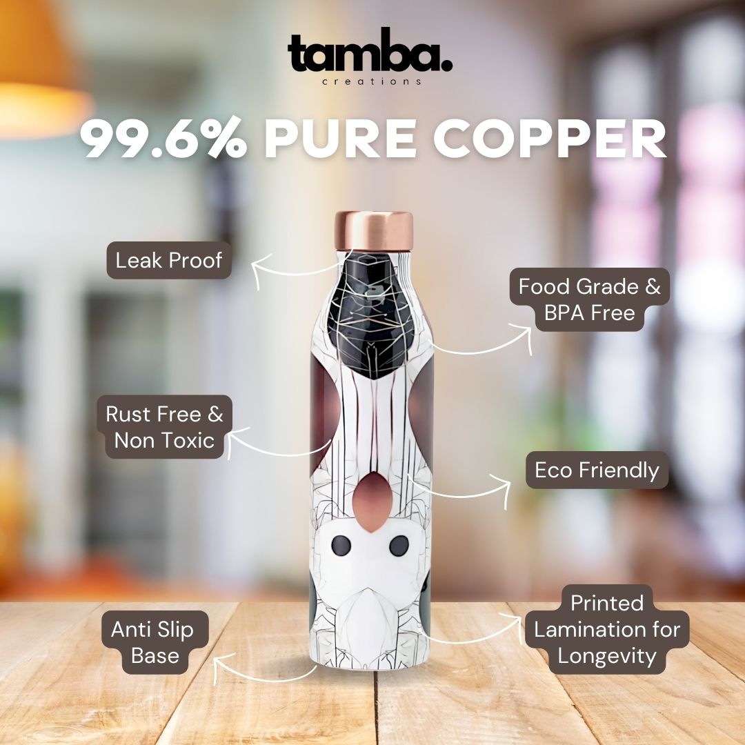 š· Premium Copper Bottle ā Geometric Print Design (1 Litre, Leak-Proof)