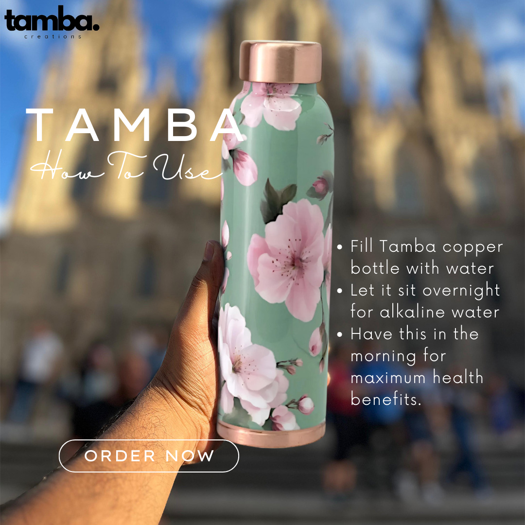 Mint Floral Design Pure Copper Water Bottle – 900ml | Tamba Creations