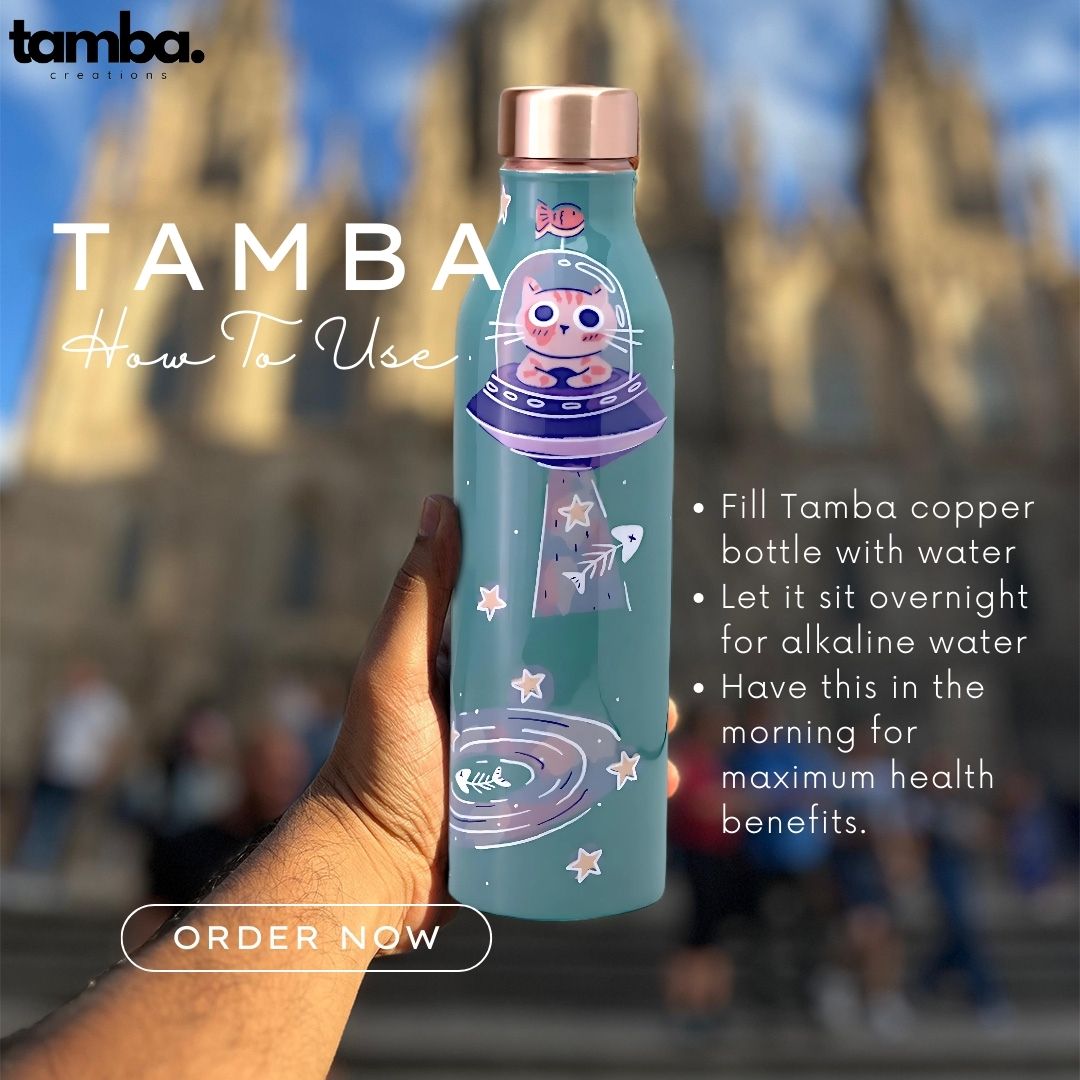 š Space Cat Design ā Pure Copper Water Bottle (1 Litre, Leak-Proof)