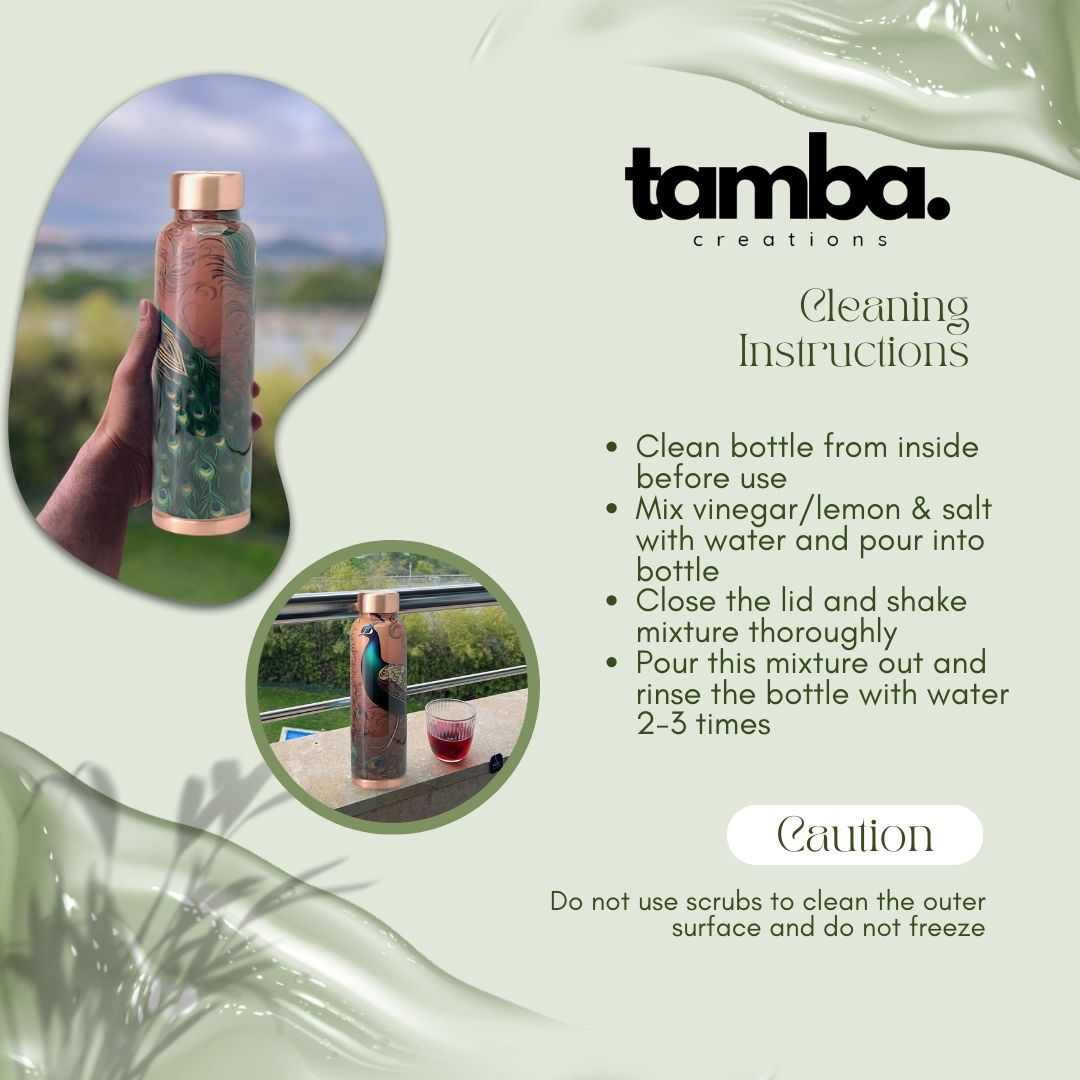 Peacock Design Pure Copper Water Bottle – 900ml | Tamba Creations