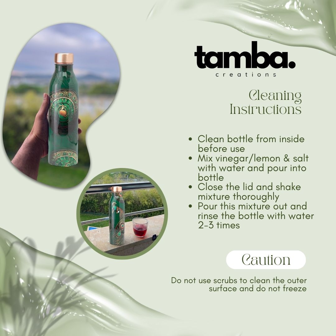 Peacock Design Pure Copper Water Bottle – 1 Litre | Tamba Creations