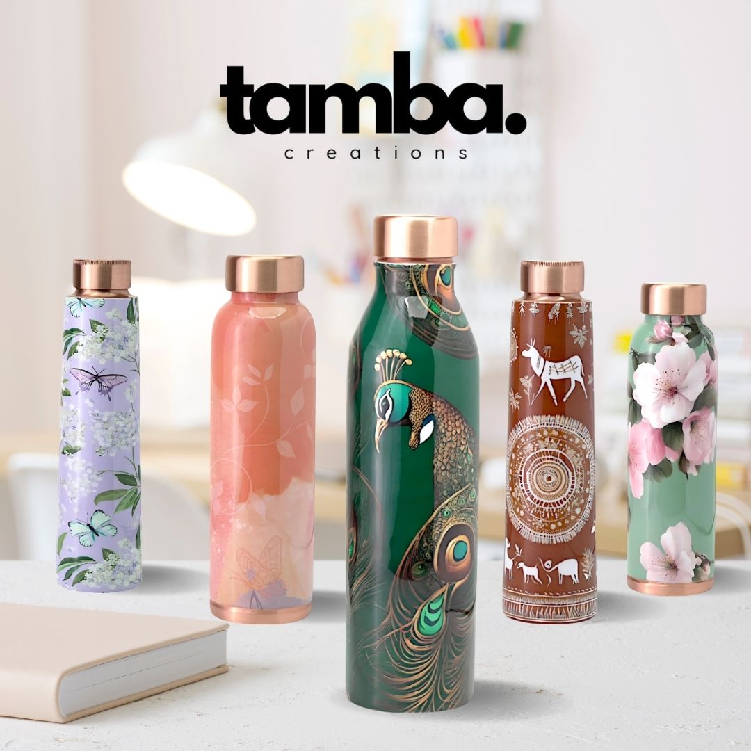Peacock Design Pure Copper Water Bottle – 1 Litre | Tamba Creations