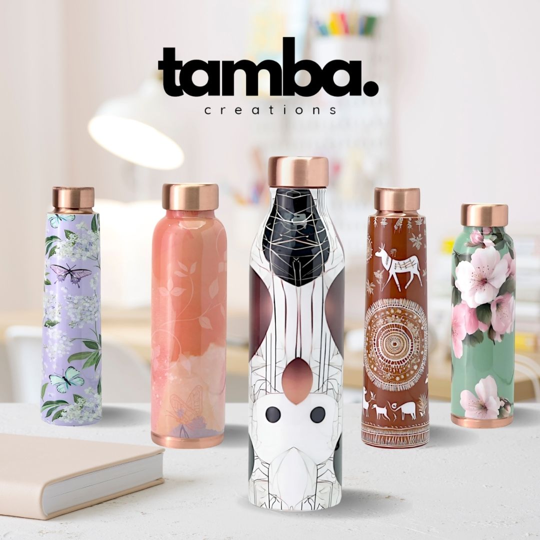 š· Premium Copper Bottle ā Geometric Print Design (1 Litre, Leak-Proof)