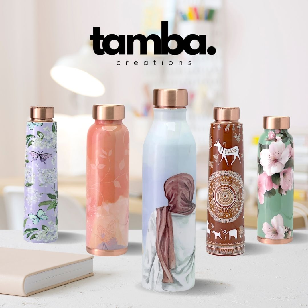 Women Portrait Design Pure Copper Water Bottle – 1 Litre | Tamba Creations