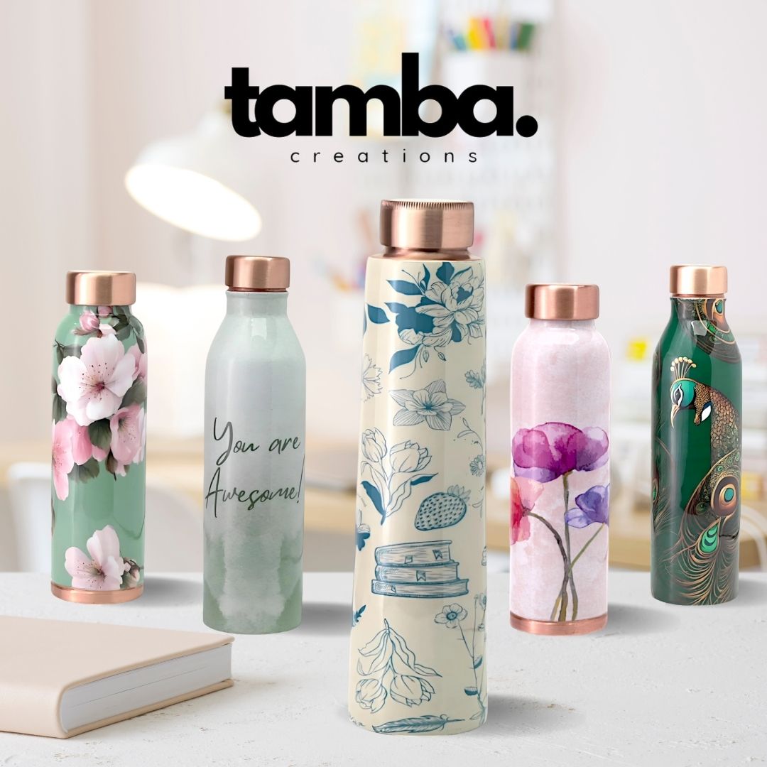Flower Design Pure Copper Water Bottle – 850ml | Tamba Creations