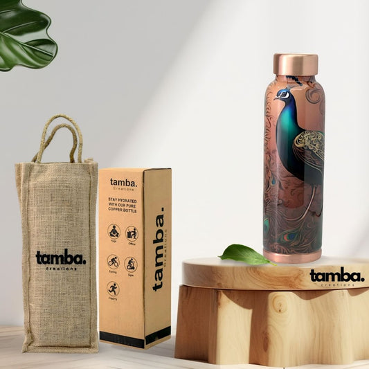 Peacock Design Pure Copper Water Bottle – 900ml | Tamba Creations
