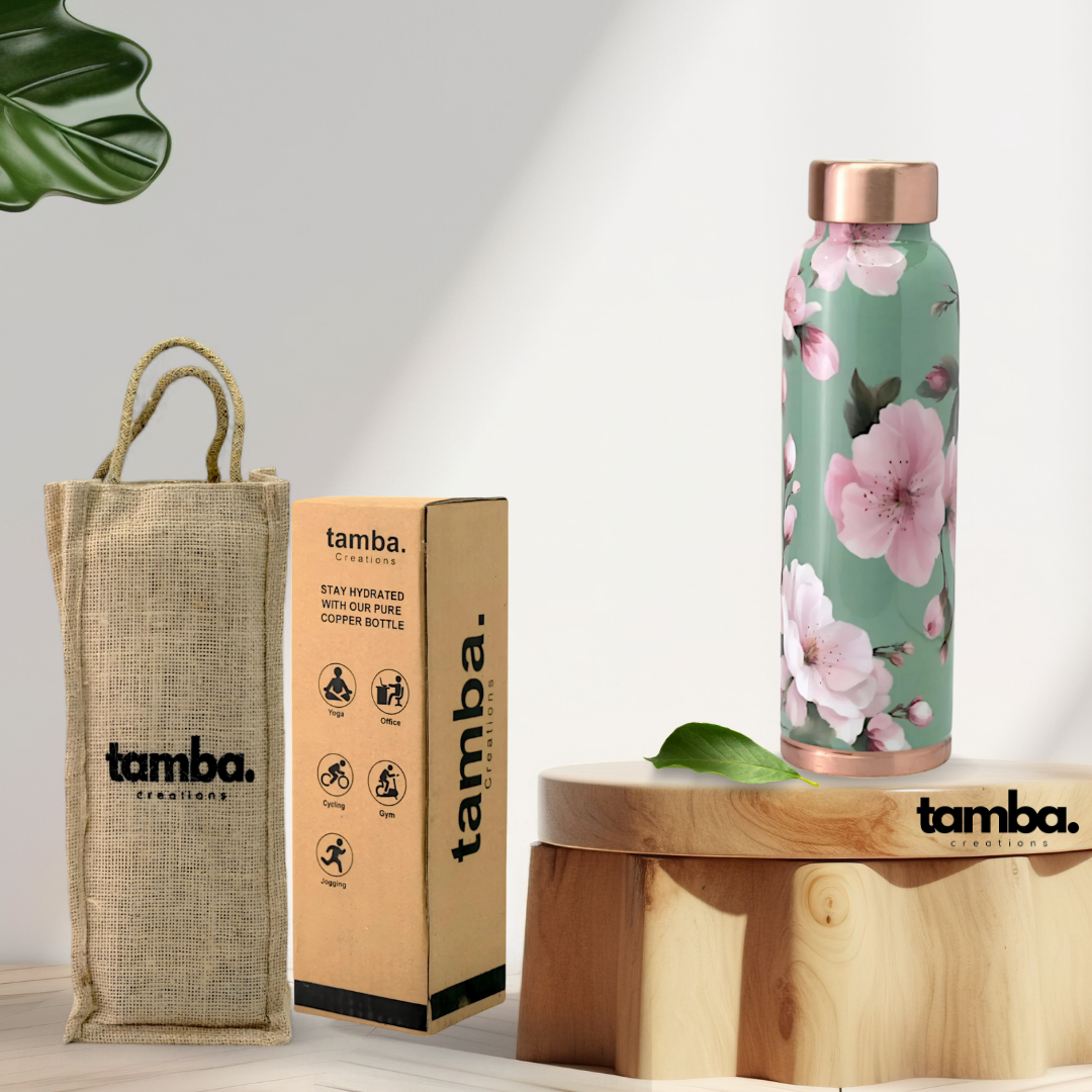 Mint Floral Design Pure Copper Water Bottle – 900ml | Tamba Creations