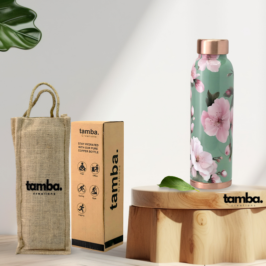 Mint Floral Design Pure Copper Water Bottle – 900ml | Tamba Creations