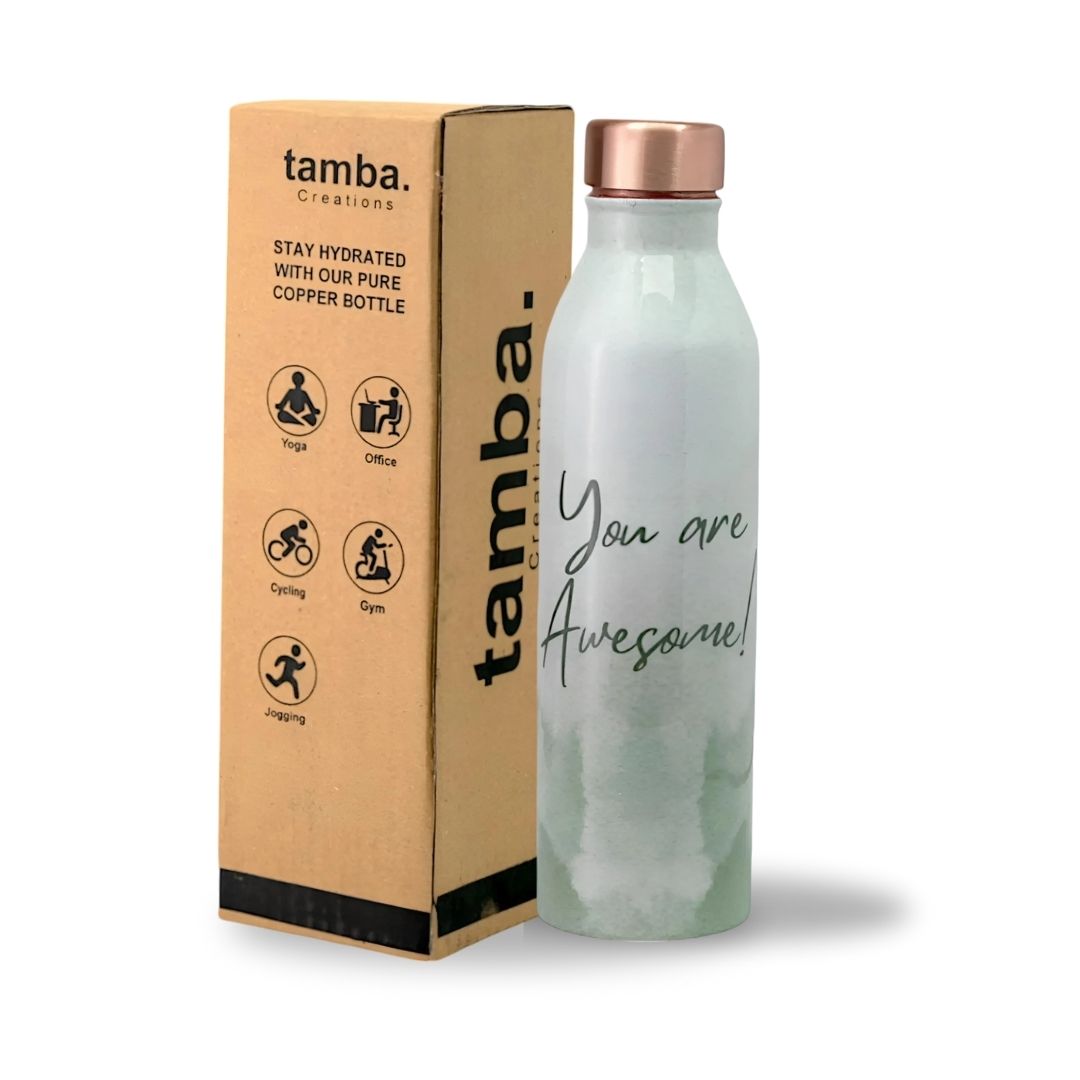 “You Are Awesome” Design Pure Copper Water Bottle – 1 Litre | Green Variants | Tamba Creations