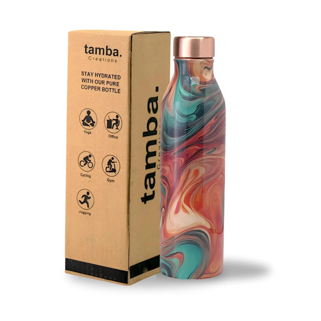 🎨 Swirl Marble Design – Premium Pure Copper Water Bottle (1 Litre, Leak-Proof)