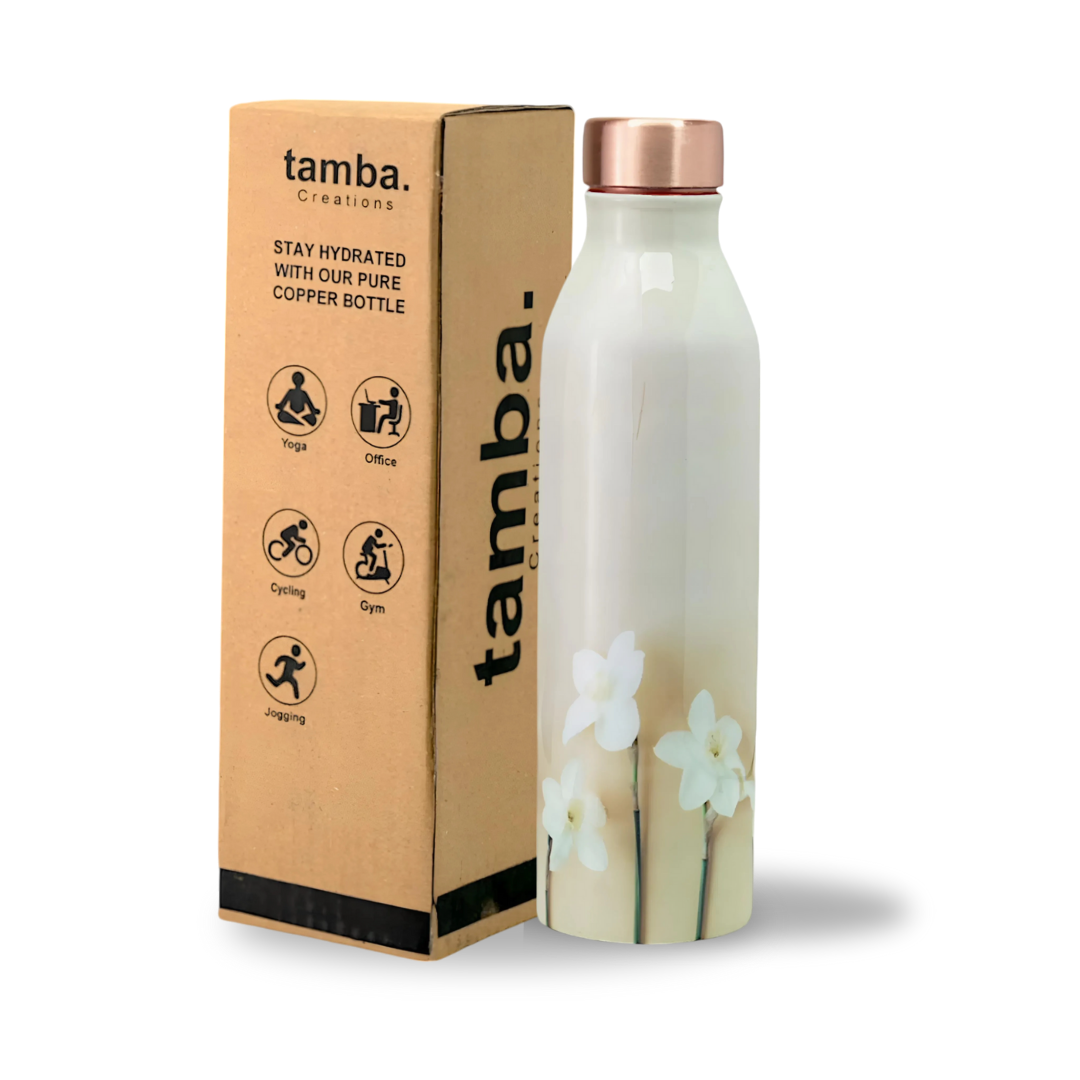 TAMBA CREATIONS Copper Water Bottle-Minimalistic Floral Design | Stylish BPA-Free Drinkware, Rust-Proof & Eco-Friendly | Ideal for Home, Office, Gym | Unique Special Occasion Gift (1L, Pack of 1)