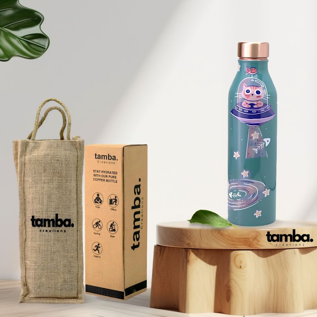 🚀 Space Cat Design – Pure Copper Water Bottle (1 Litre, Leak-Proof)