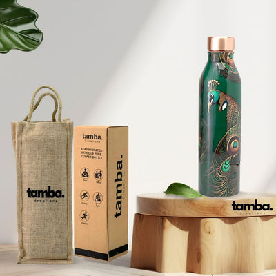 Peacock Design Pure Copper Water Bottle – 1 Litre | Tamba Creations
