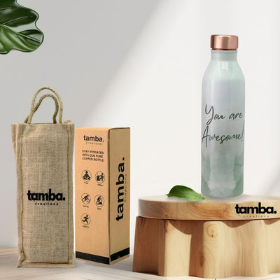 “You Are Awesome” Design Pure Copper Water Bottle – 1 Litre | Green Variants | Tamba Creations