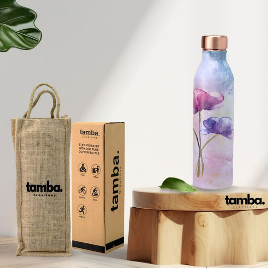 🌸 Handcrafted Floral Copper Bottle – Elegant Design (1 Litre)