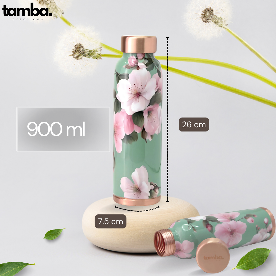 Mint Floral Design Pure Copper Water Bottle – 900ml | Tamba Creations