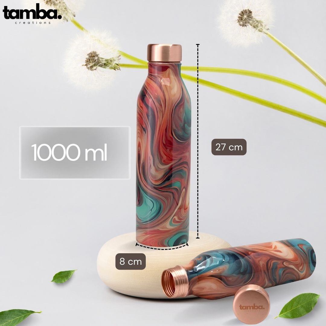 🎨 Swirl Marble Design – Premium Pure Copper Water Bottle (1 Litre, Leak-Proof)