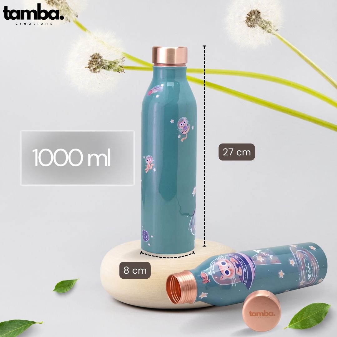 🚀 Space Cat Design – Pure Copper Water Bottle (1 Litre, Leak-Proof)