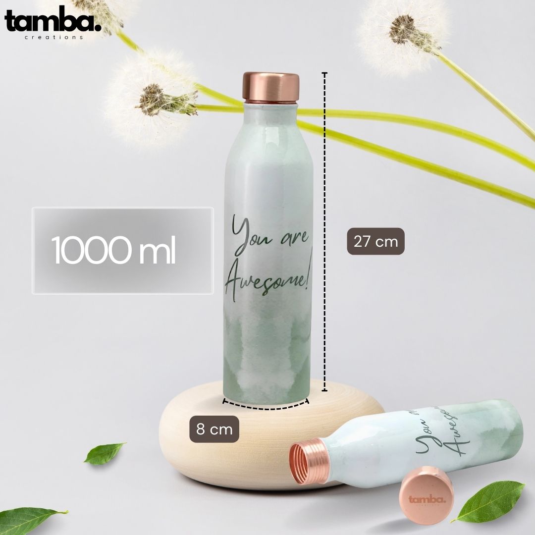 “You Are Awesome” Design Pure Copper Water Bottle – 1 Litre | Green Variants | Tamba Creations