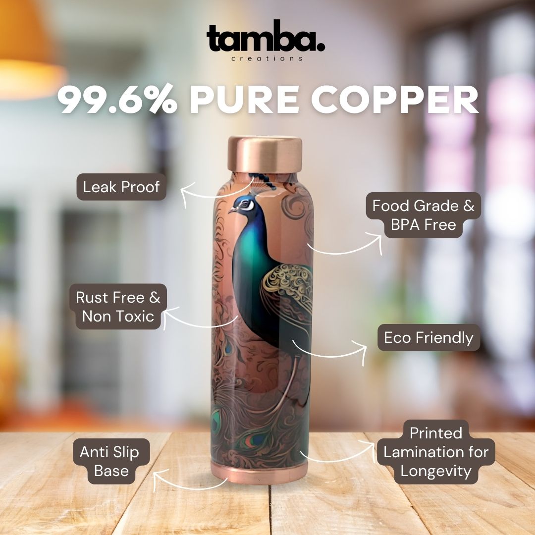 Peacock Design Pure Copper Water Bottle – 900ml | Tamba Creations