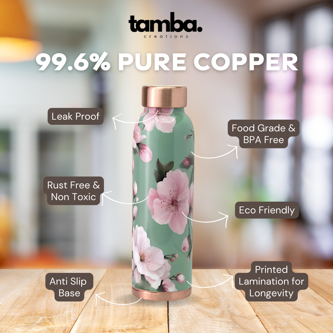 Mint Floral Design Pure Copper Water Bottle – 900ml | Tamba Creations
