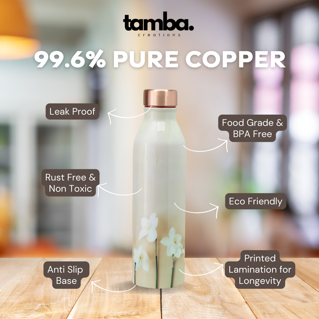 TAMBA CREATIONS Copper Water Bottle-Minimalistic Floral Design | Stylish BPA-Free Drinkware, Rust-Proof & Eco-Friendly | Ideal for Home, Office, Gym | Unique Special Occasion Gift (1L, Pack of 1)