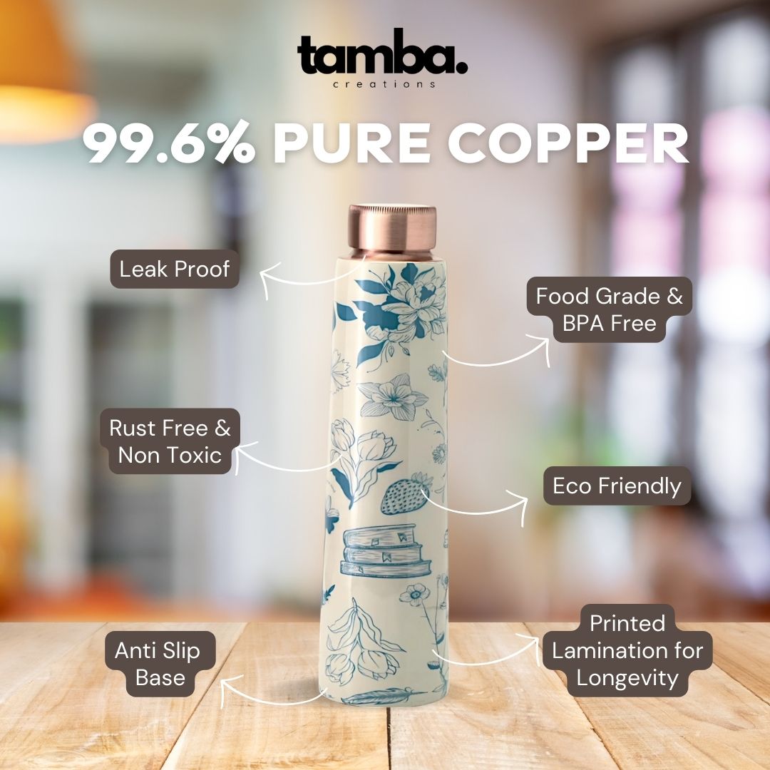 Flower Design Pure Copper Water Bottle – 850ml | Tamba Creations