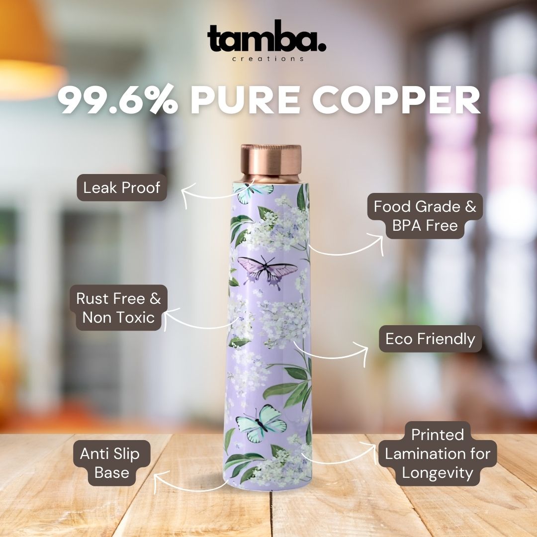 Majestic Floral Design Pure Copper Water Bottle – 850ml | Tamba Creations