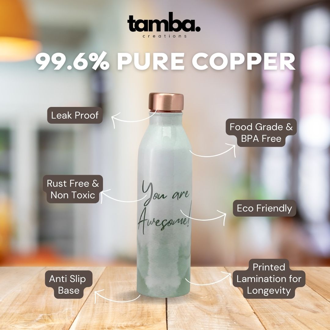 “You Are Awesome” Design Pure Copper Water Bottle – 1 Litre | Green Variants | Tamba Creations