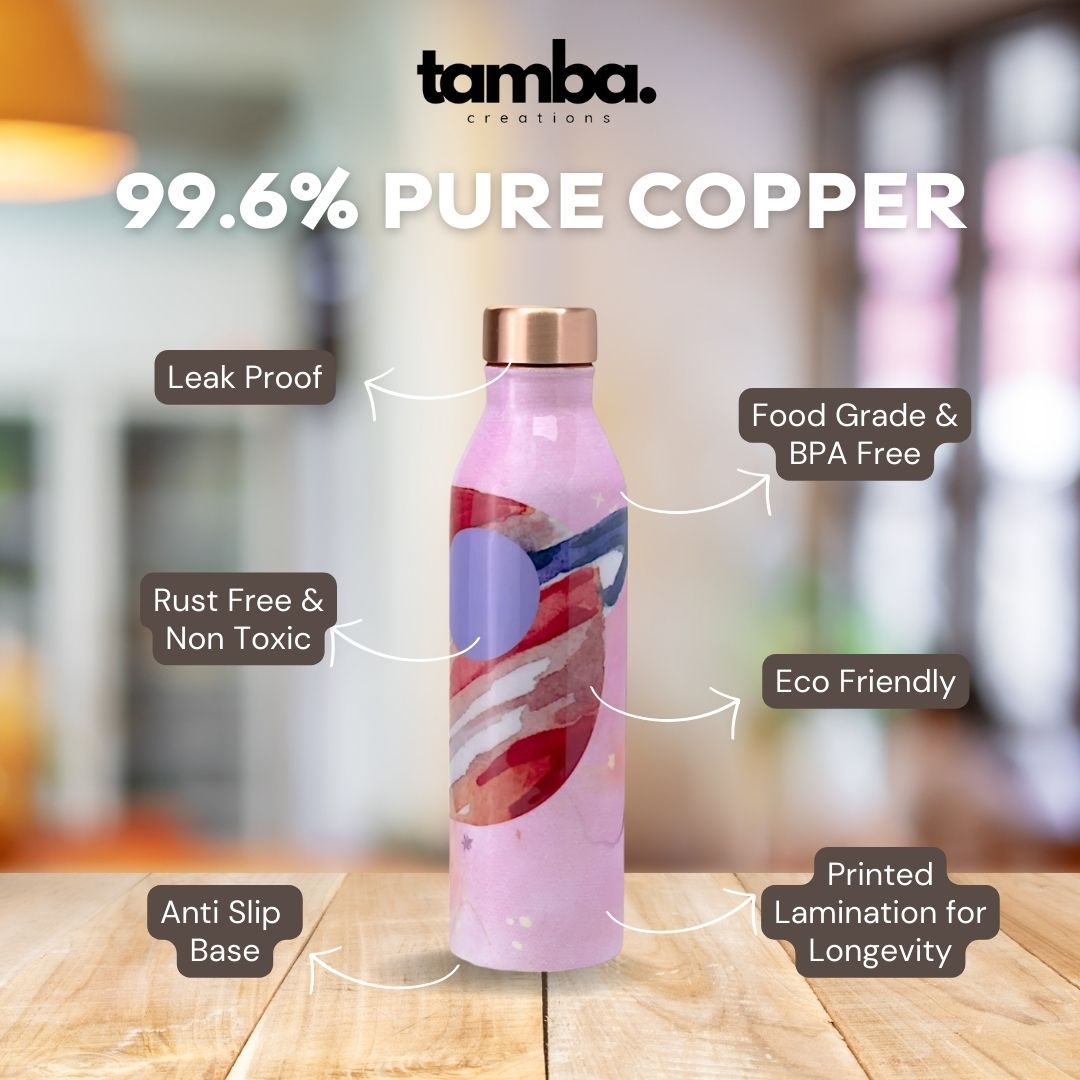 🌌 Abstract Saturn Design – Pure Copper Water Bottle (1 Litre, Leak-Proof)