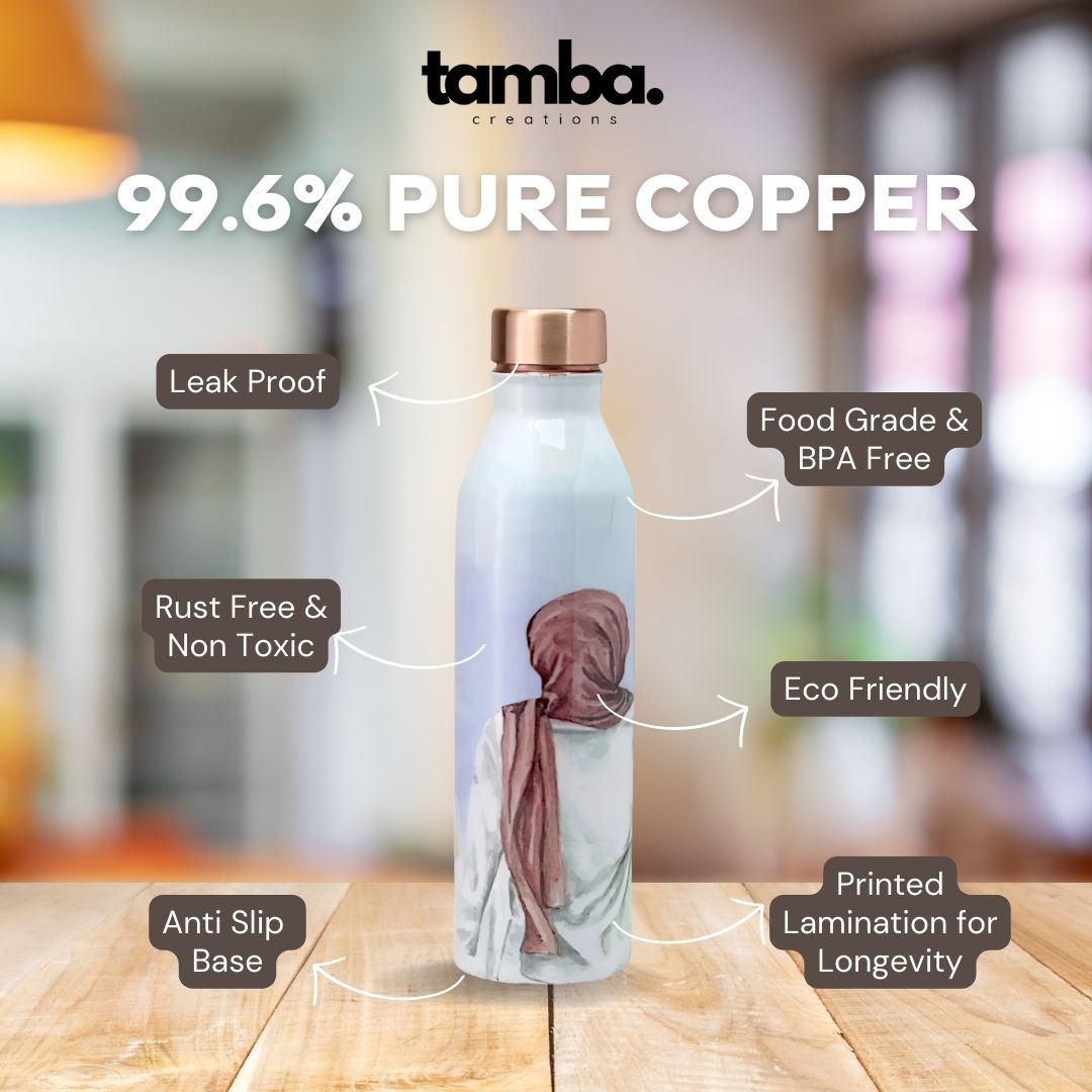 Women Portrait Design Pure Copper Water Bottle – 1 Litre | Tamba Creations