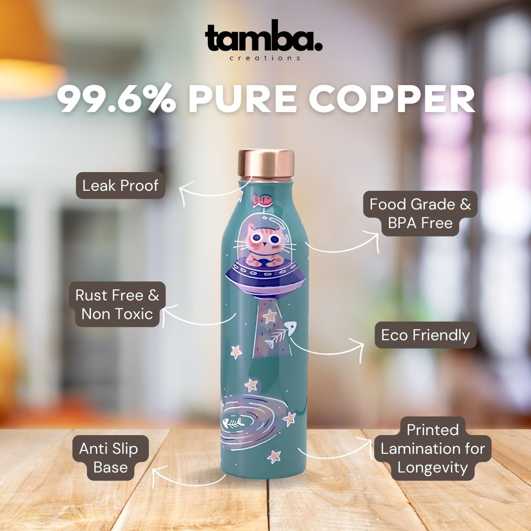 🚀 Space Cat Design – Pure Copper Water Bottle (1 Litre, Leak-Proof)