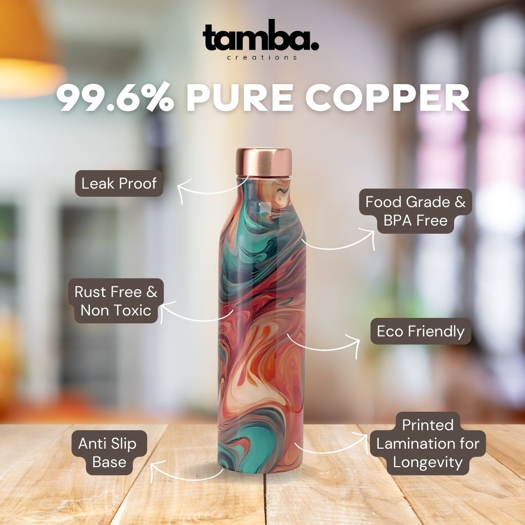 🎨 Swirl Marble Design – Premium Pure Copper Water Bottle (1 Litre, Leak-Proof)
