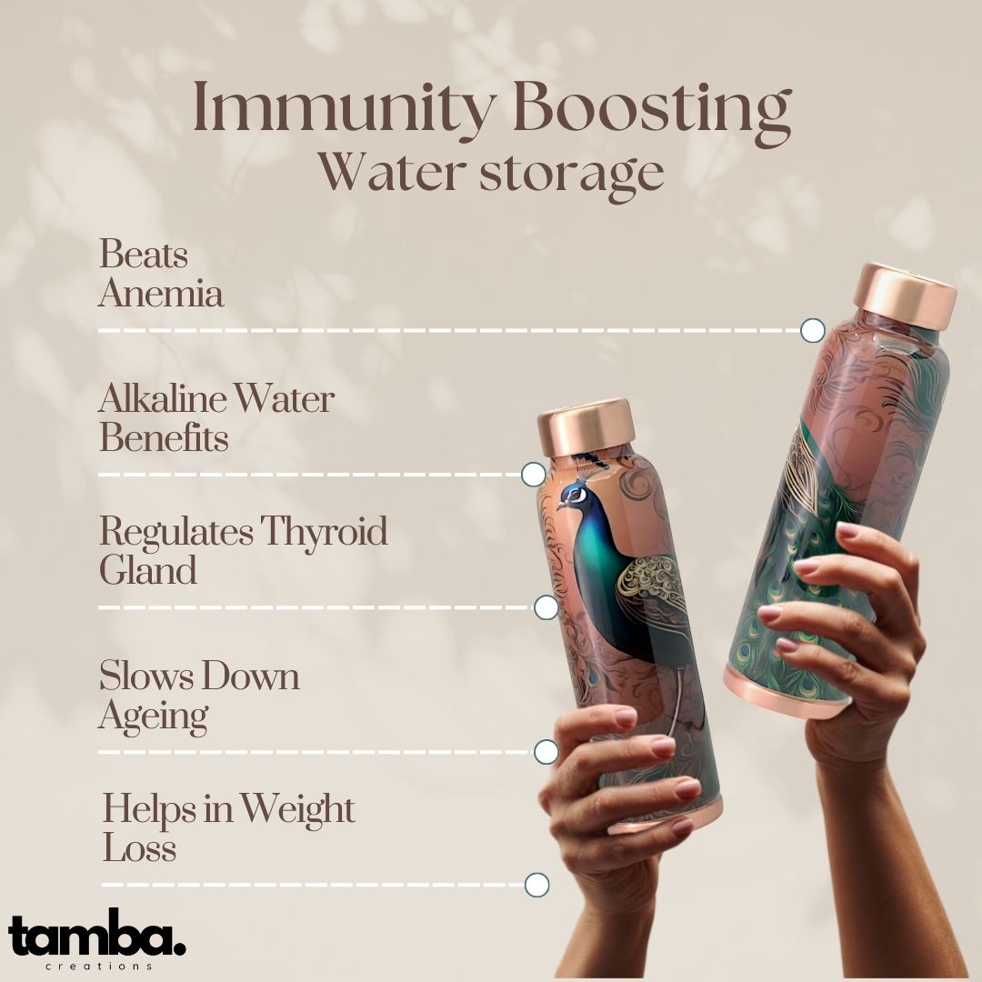Peacock Design Pure Copper Water Bottle – 900ml | Tamba Creations