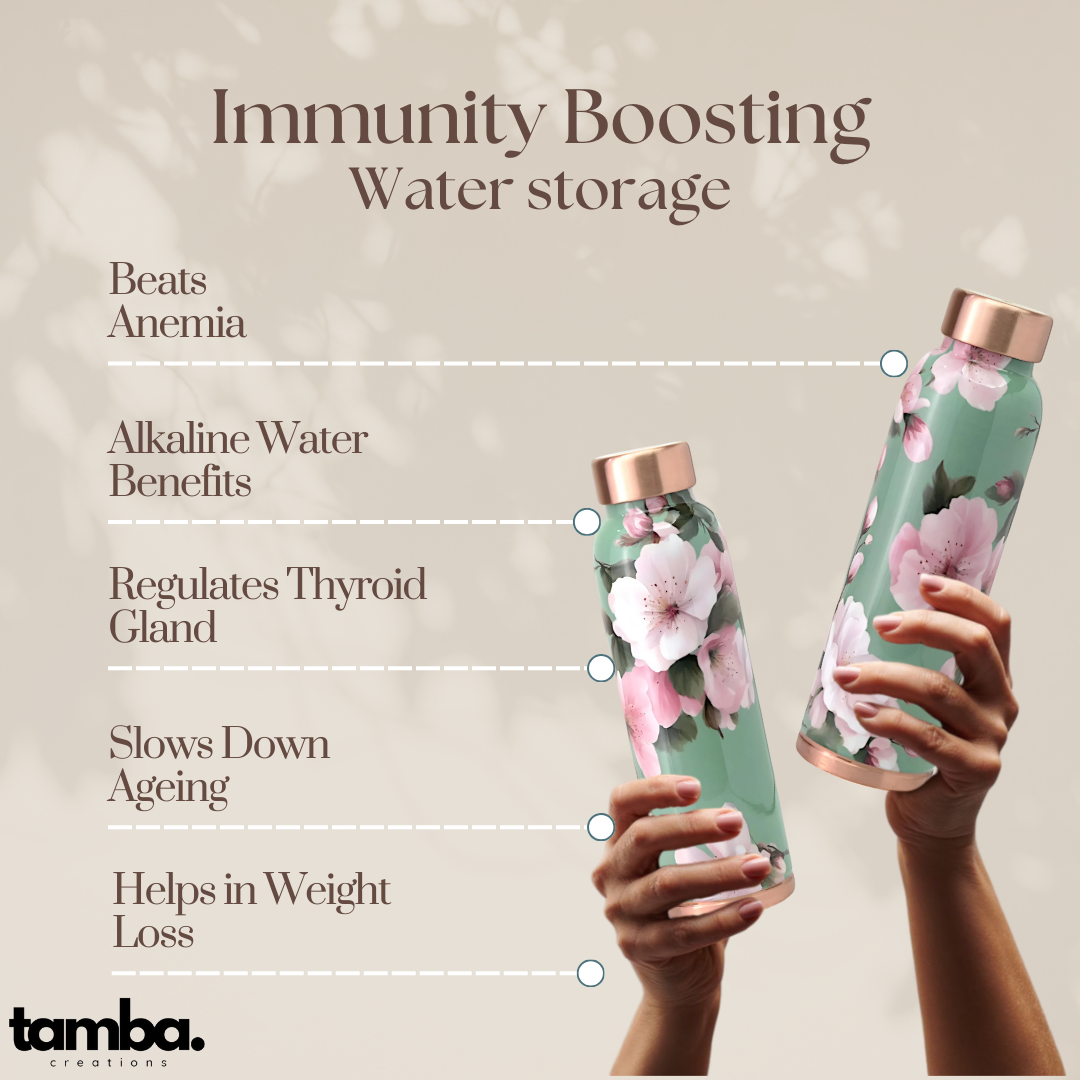 Mint Floral Design Pure Copper Water Bottle – 900ml | Tamba Creations