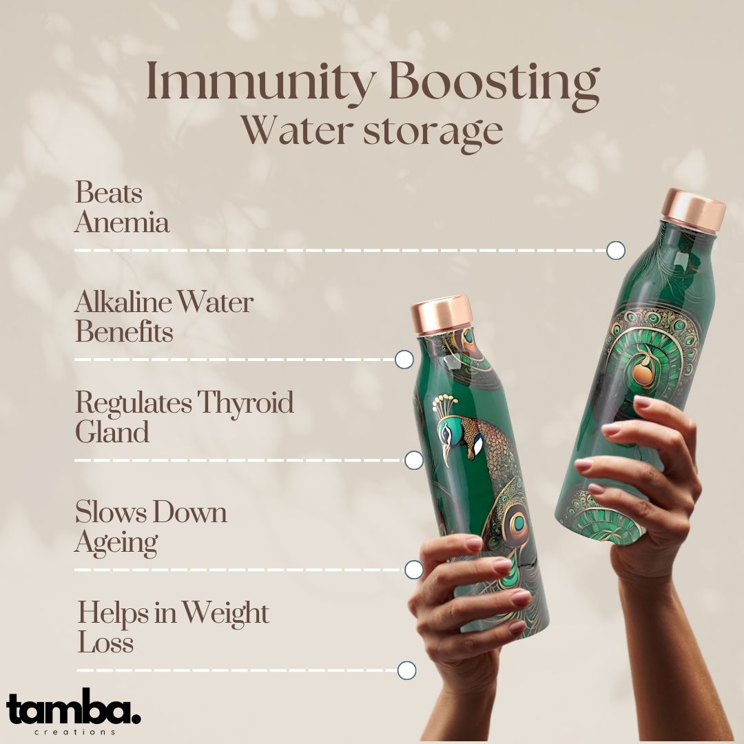 Peacock Design Pure Copper Water Bottle – 1 Litre | Tamba Creations