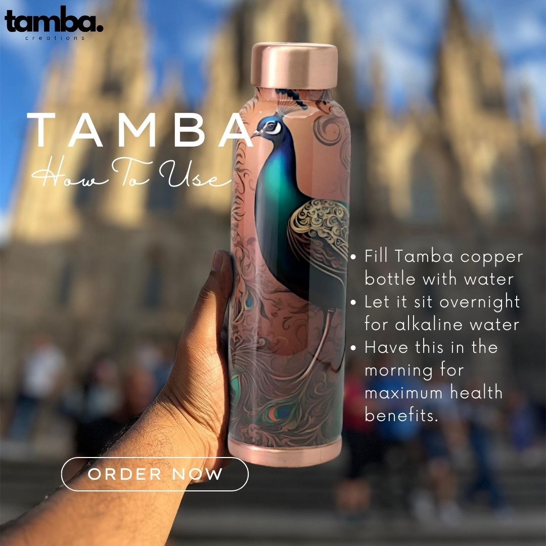 Peacock Design Pure Copper Water Bottle – 900ml | Tamba Creations