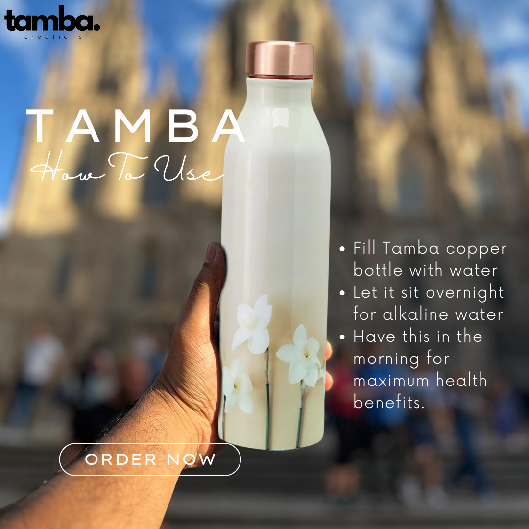 TAMBA CREATIONS Copper Water Bottle-Minimalistic Floral Design | Stylish BPA-Free Drinkware, Rust-Proof & Eco-Friendly | Ideal for Home, Office, Gym | Unique Special Occasion Gift (1L, Pack of 1)