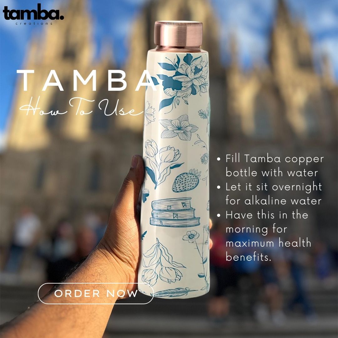 Flower Design Pure Copper Water Bottle – 850ml | Tamba Creations