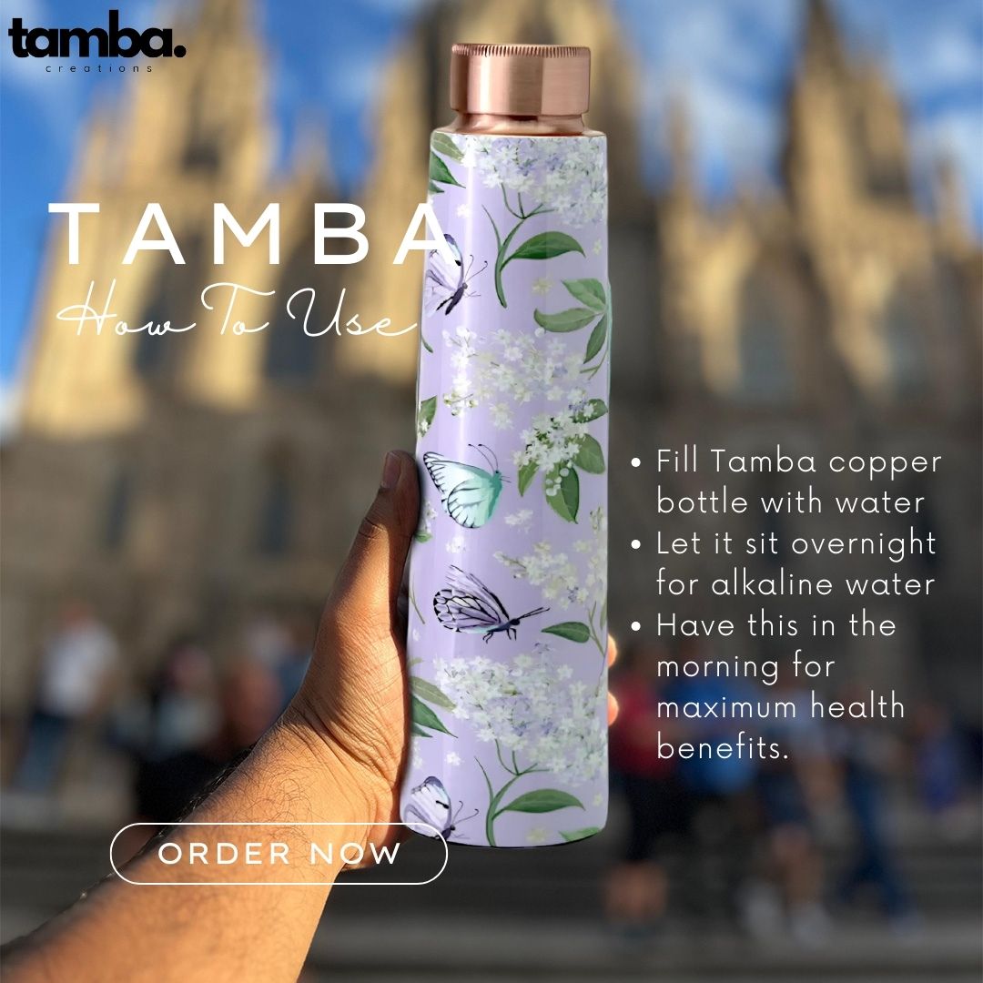 Majestic Floral Design Pure Copper Water Bottle – 850ml | Tamba Creations