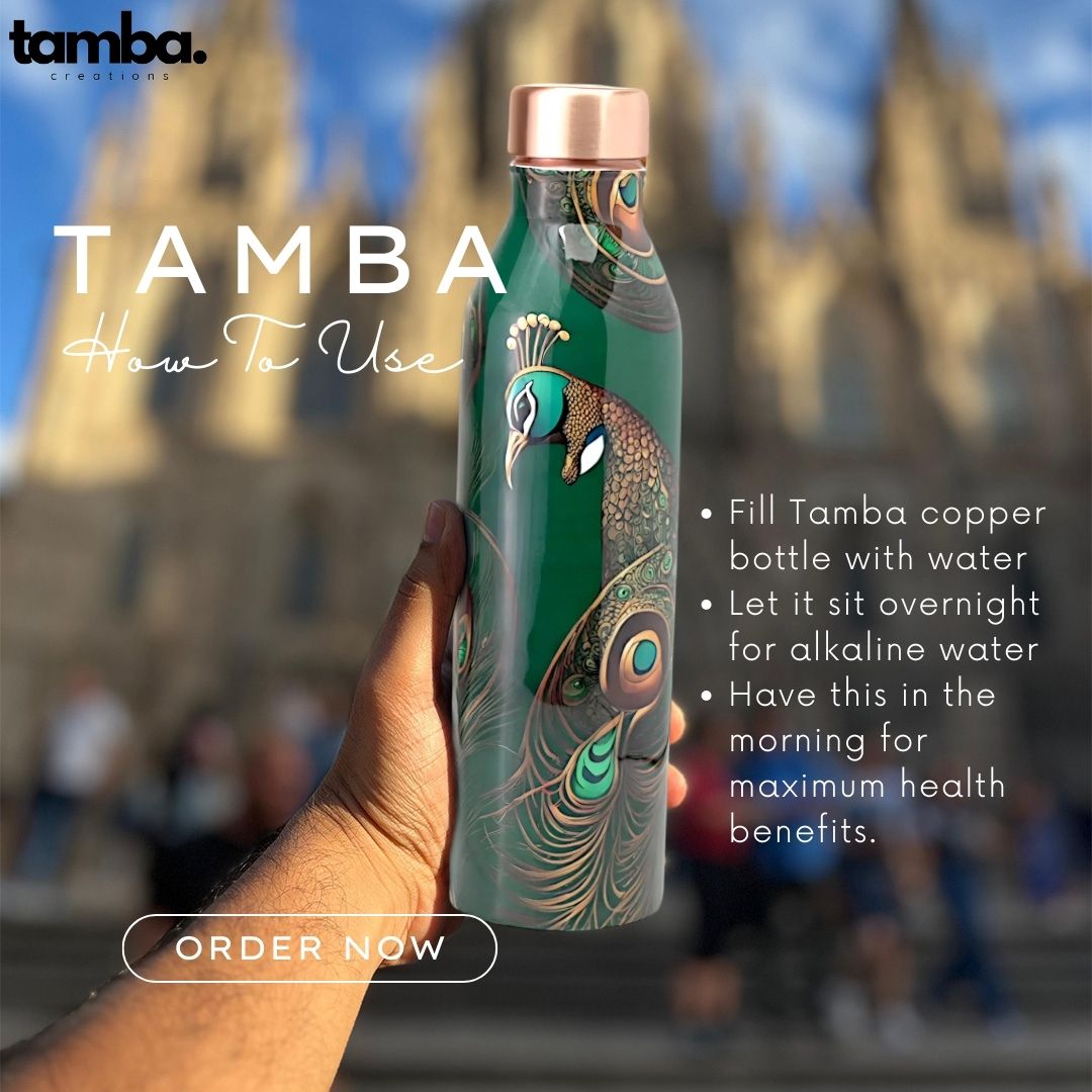 Peacock Design Pure Copper Water Bottle – 1 Litre | Tamba Creations